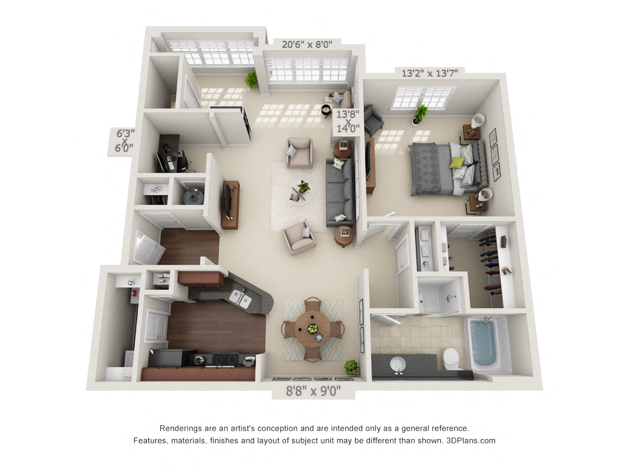 Floor plan for 1 bed, 1 bath, 1075 sqft